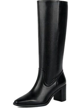 Women's Black Knee High Boots Chunky Heel Boots 2.95" Heels Square Toe Zipper